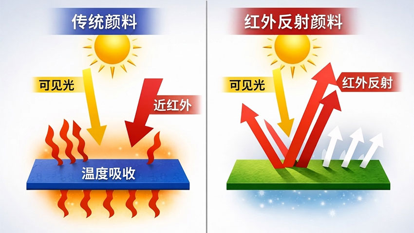 紅外反射顏料與普通顏料光譜原理對(duì)比示意圖，紅外反射顏料反射近紅外光實(shí)現(xiàn)隔熱