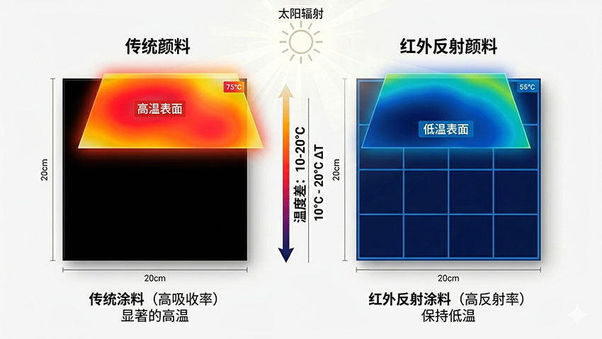 傳統(tǒng)顏料與紅外反射顏料表面溫度對(duì)比圖，紅外反射顏料表面溫度低10-20℃