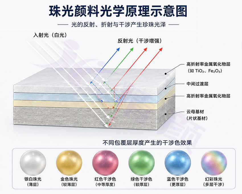 珠光顏料光學結構與光干涉原理示意圖