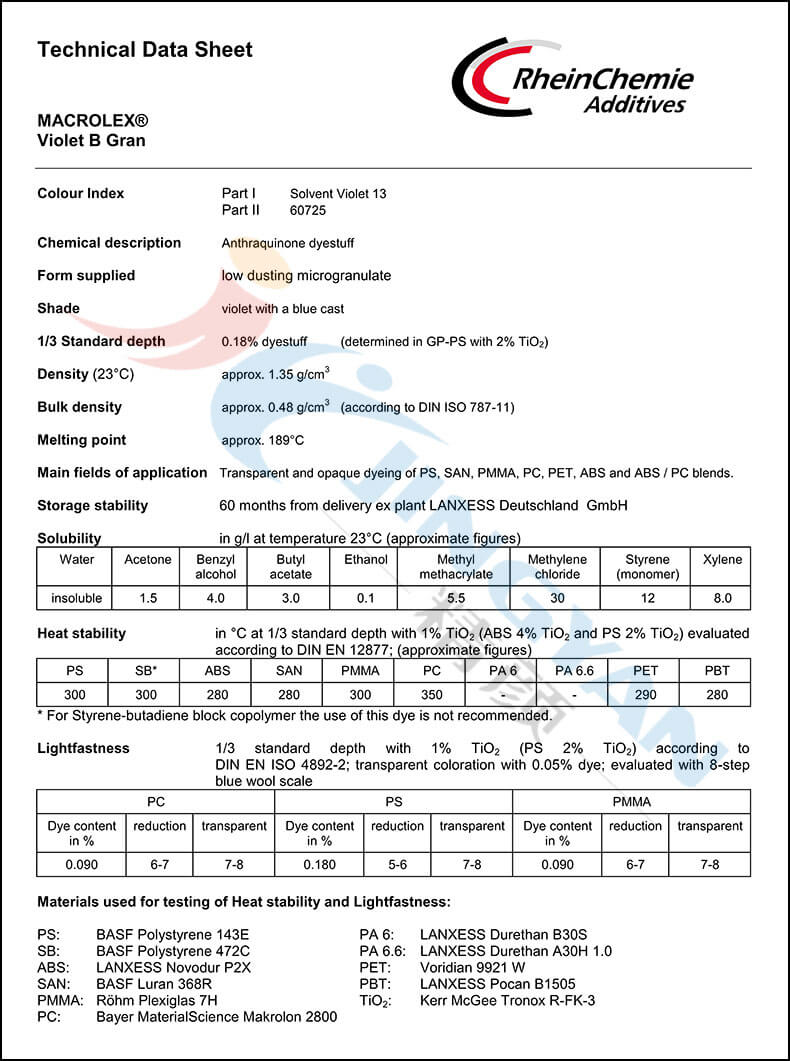朗盛染料紫B TDS技術數據表