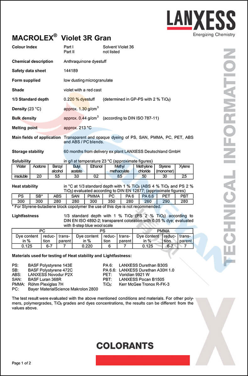 朗盛染料3R紫技術(shù)數(shù)據(jù)表