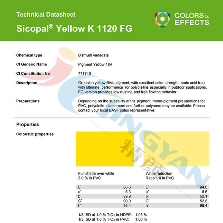巴斯夫K1120FG釩酸鉍黃顏料TDS報告